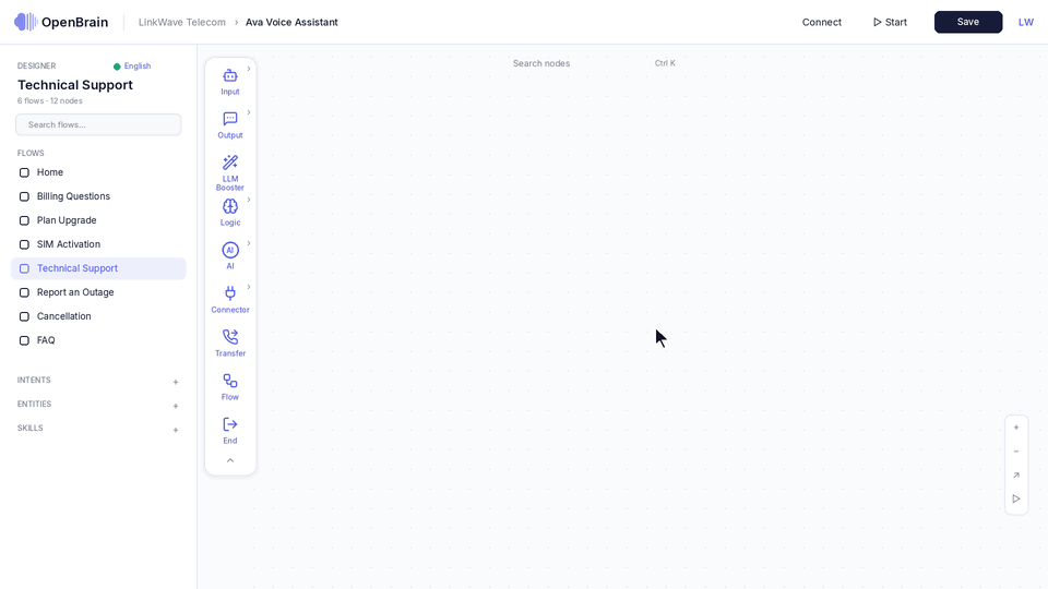 Animated demo of the OpenBrain flow designer: building a voice agent conversation flow on a visual canvas